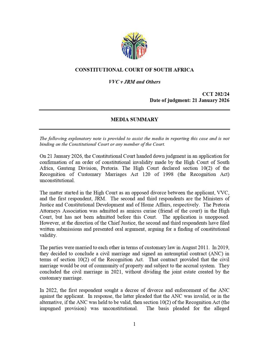 KayaNews's tweet image. The Constitutional Court has ruled that antenuptial contracts entered into after a customary marriage are invalid.

This means that once a couple is married under customary law, they cannot later sign a prenup, if they decide to also register a civil marriage.

Customary…