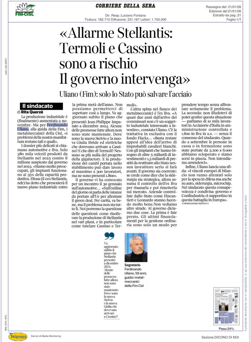 Oggi su <a href="/Corriere/">Corriere della Sera</a> 🗞️intervista al Segr. gen. #FIM <a href="/ferdi_uliano/">Ferdinando Uliano</a> di <a href="/rquerze/">rita querzè</a> sulla situazione dell’industria #metalmeccanica 🏭 a partire dall’automotive 🚗 #Stellantis e siderurgia con l’ex-#Ilva su cui non si vedono soluzioni all’orizzonte