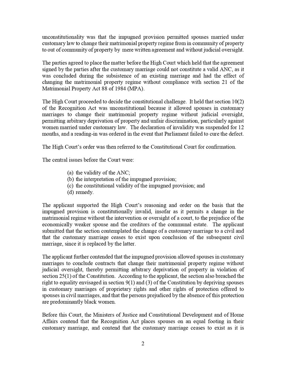 KayaNews's tweet image. The Constitutional Court has ruled that antenuptial contracts entered into after a customary marriage are invalid.

This means that once a couple is married under customary law, they cannot later sign a prenup, if they decide to also register a civil marriage.

Customary…