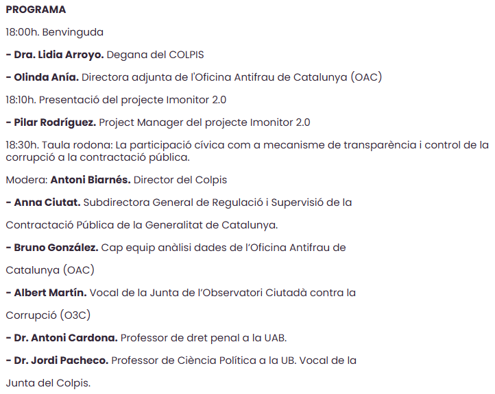 StopCorrupcio's tweet photo. Programa de la presentació - Projecte #iMonitor a la seu de @ColpisCat a les 18 Hores. Plaçes limitades .... Inscriu-te en aquest enllaç:-
https://t.co/CPuVfSuEC1 https://t.co/GxDAEvlqAn