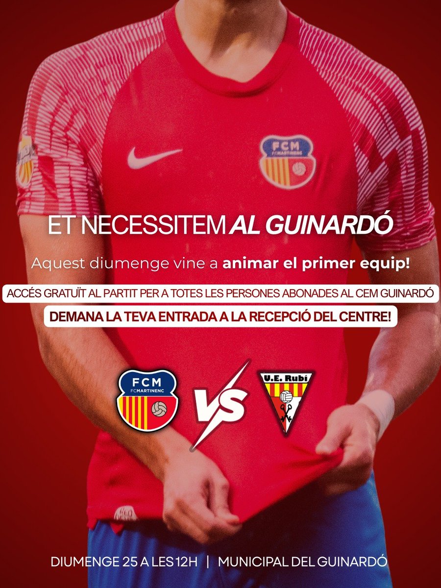 martinenc's tweet image. 🏟️ VENIU AL #Guinardó! 😍

🏡 El Masculí obre la segona volta de la #LligaElit a casa, en el comiat de @pituplazuelo!

📅 Diumenge 25 de gener
⏰ 12h
🆚 @UERubi 
🎟️ Entrada gratuïta per a abonats/des del CEM Guinardó (info a recepció)

🤗 Us hi esperem!

#SomMartinenc #futbolcat