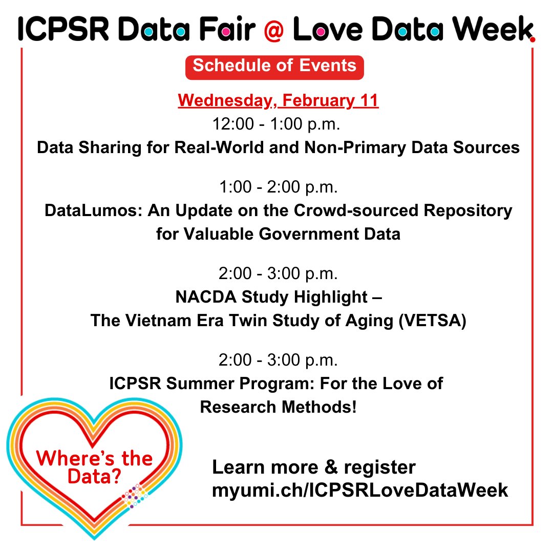 ICPSR's tweet image. 💕 Ready to fall in love with data? Join us February 11th for our exciting lineup of #LoveDataWeek webinars! Explore sessions on a variety of fascinating topics! Dive deeper at myumi.ch/ICPSRLoveDataW….

Let’s celebrate #LoveData26 together!