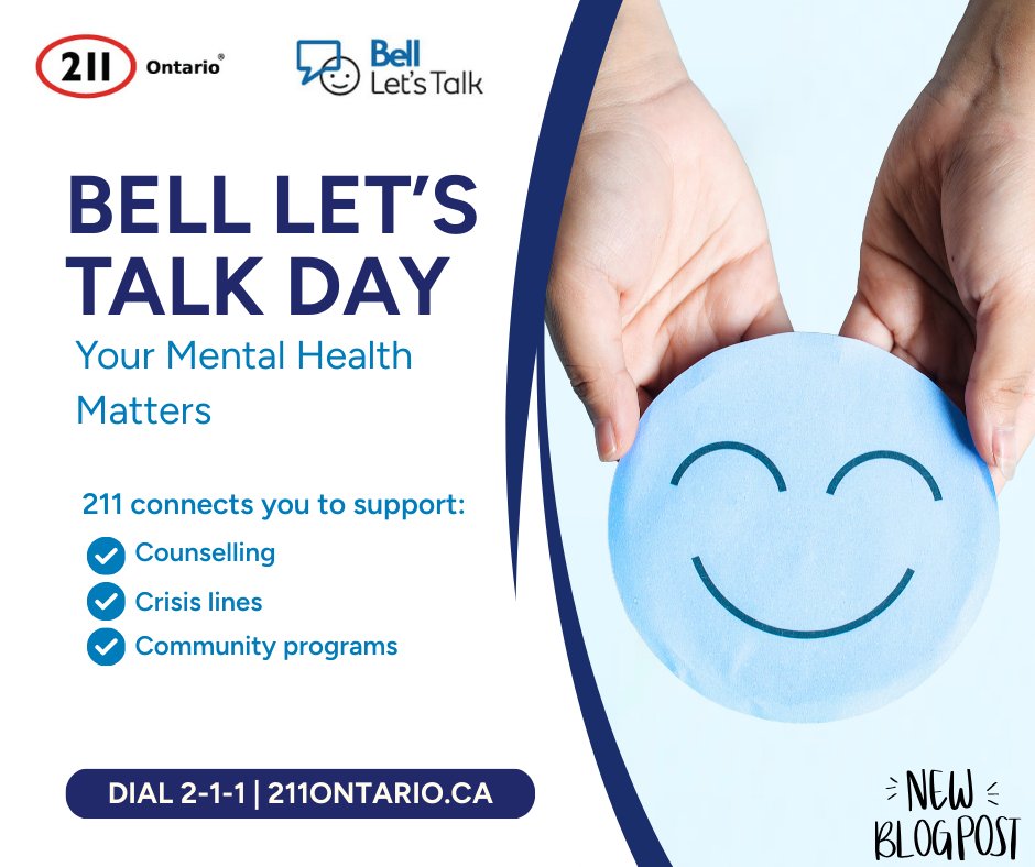 211Ontario's tweet photo. It’s Bell Let’s Talk Day! 💬💙 Remember, talking about mental health matters. If you need help, call 2-1-1 for support. 💙 You are not alone! 
📰 Read our blog: https://t.co/1lDv1m4L93
 📞 2-1-1 or 🌐 https://t.co/K3a9hVJV1L 24/7.
#BellLetsTalk #MentalHealthAwareness #211Ontario https://t.co/nxY7LGVGqu