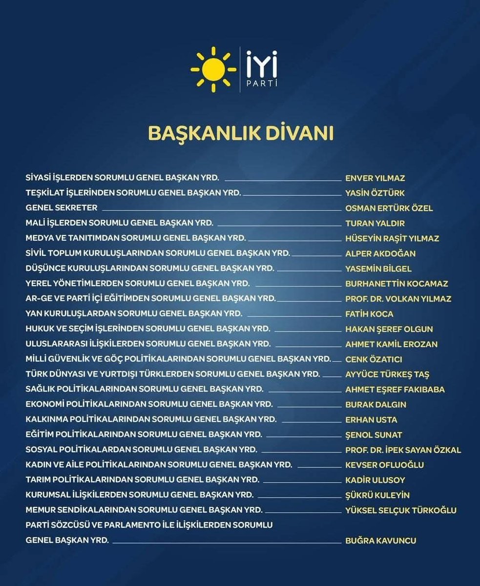 İYİ Parti Genel Merkez Başkanlık Divanı Partimize, Vatanımıza, Milletimize Hayırlı Uğurlu Olsun. Başarılar Diliyorum