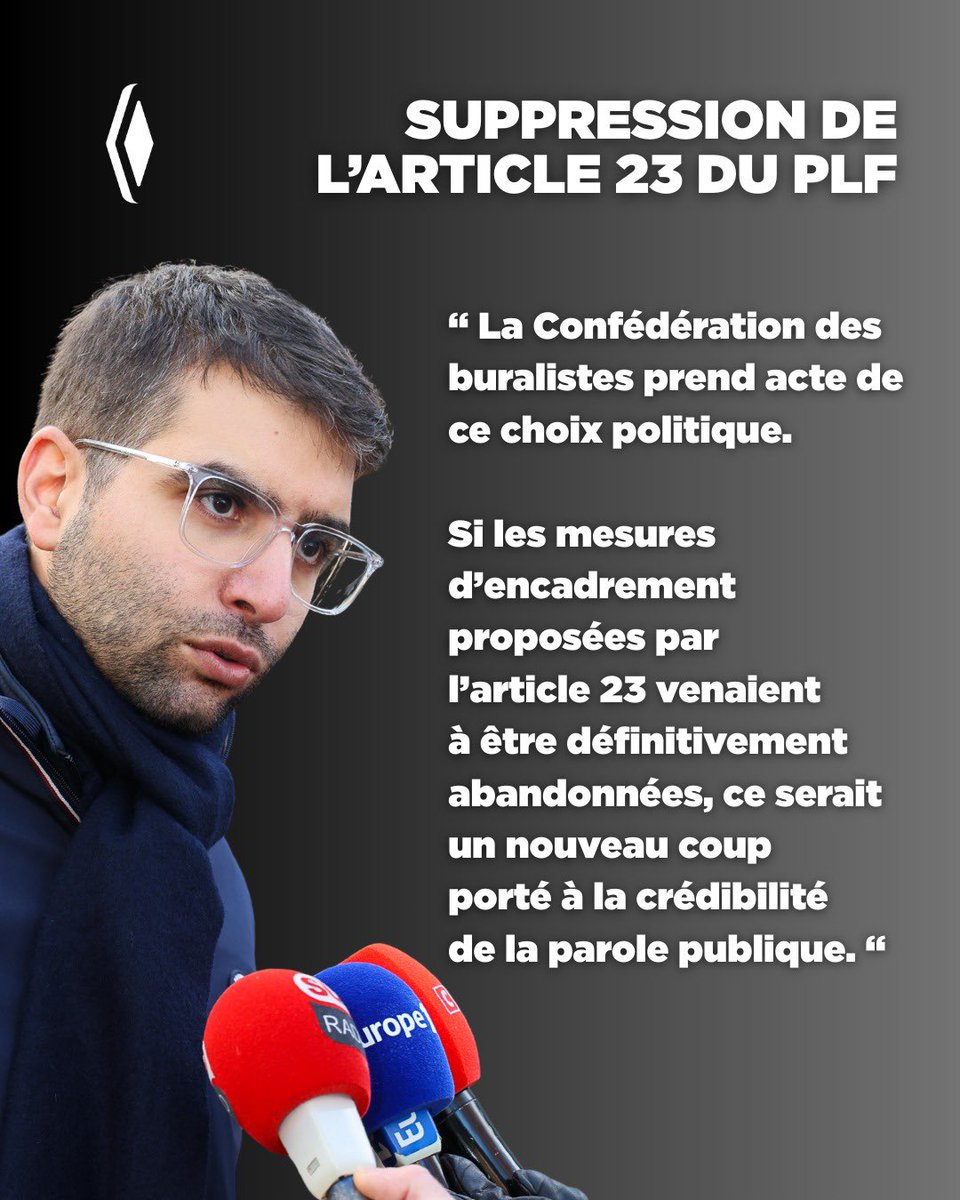 ♦️ Incompréhension face à la suppression de l’article 23 du Projet de #Loidefinances, dans le cadre de l’adoption du texte via l’article 49.3.
Une décision de Monsieur le Premier ministre <a href="/SebLecornu/">Sébastien Lecornu</a> qui constitue une nouvelle déception pour le réseau des buralistes.

#PLF