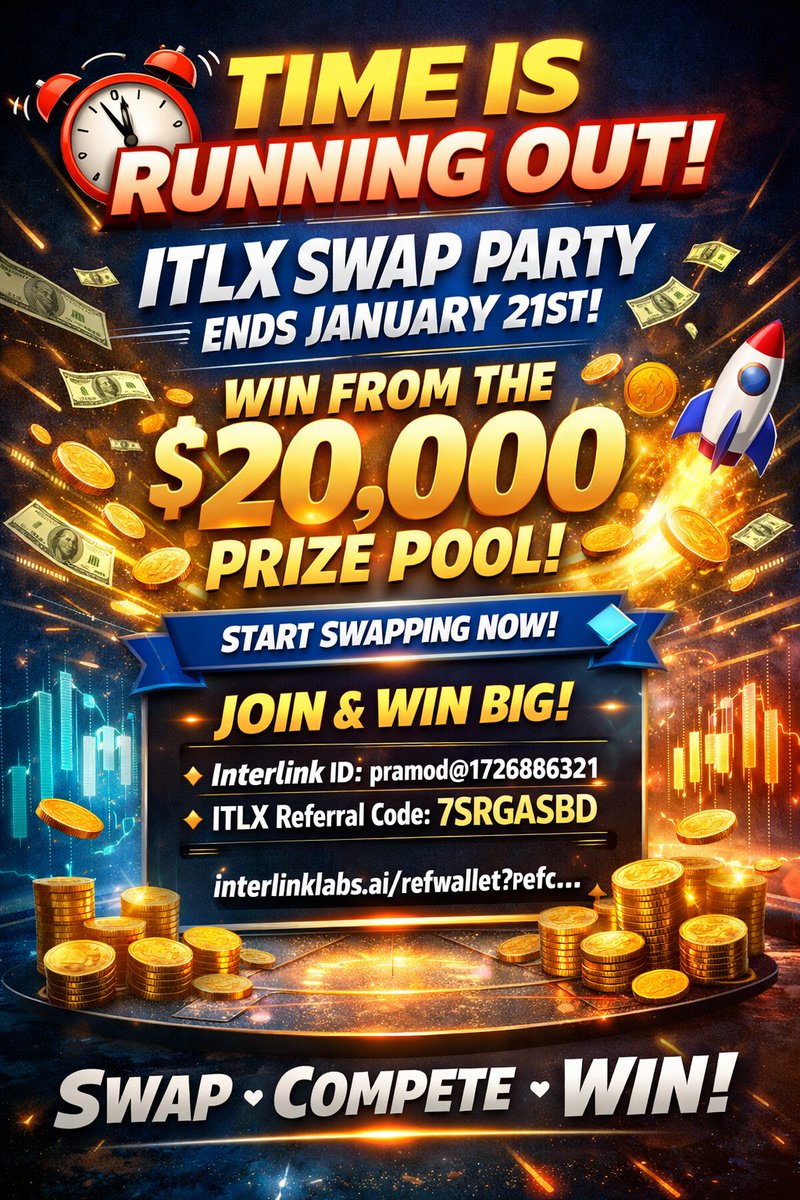 pramodkumar369C's tweet photo. ⏰ Time Is Running Out!
ITLX Swap Party ends Jan 21
💰 $20,000 Prize Pool
Start swapping now &amp; win big! 🚀
🔹 Interlink ID: pramod@1726886321
🔹 ITLX Referral Code: 7SRGASBD
Swap • Compete • Win
#InterLink #ITLG #ITL #ITLX https://t.co/y7qCyqnHZv