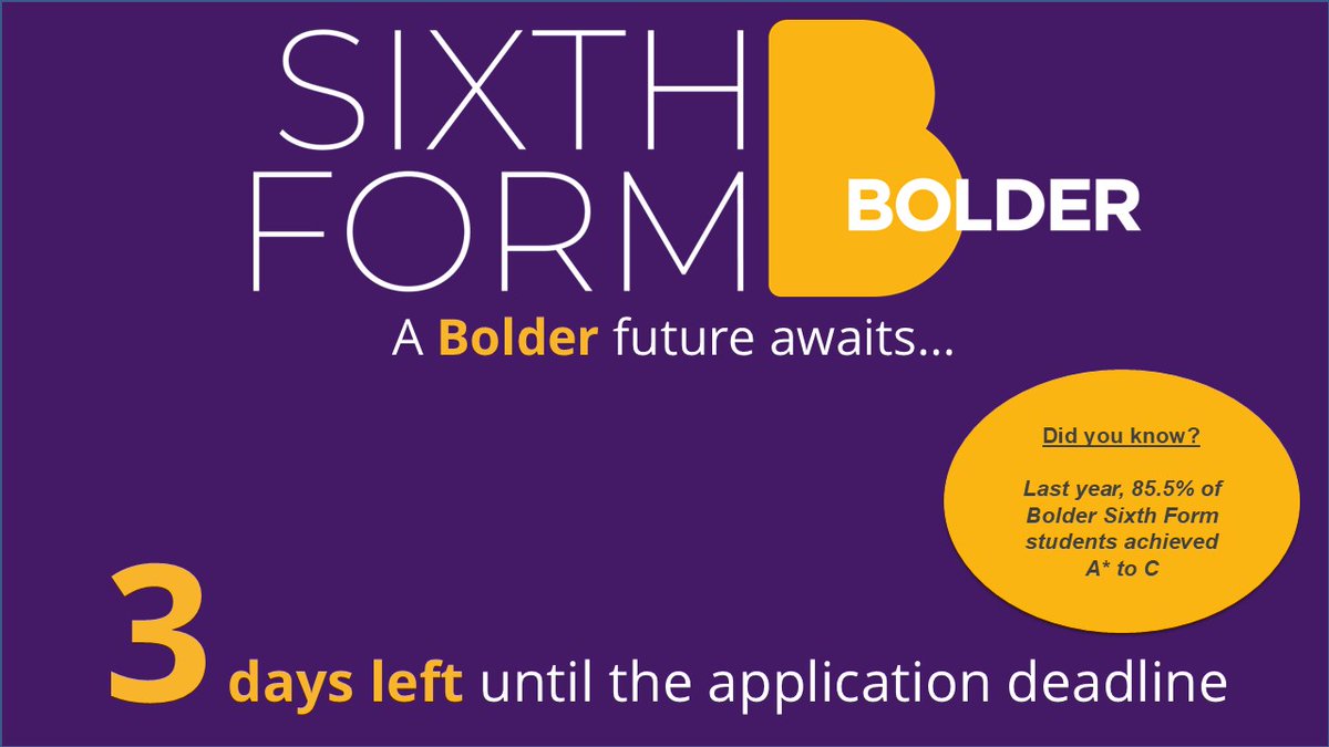 DID YOU KNOW? 
Last year, 85.5% of Bolder Sixth Form&nbsp; students achieved A* to C.

APPLY NOW -&nbsp; bolderacademy.co.uk Image