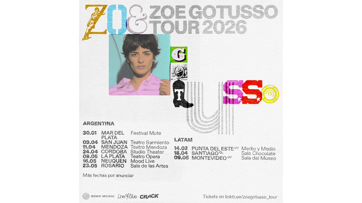ZoeGotusso's tweet image. ☆Tour 2026 ☆  (nuevas fechas) 

𖦹 La Plata  𖦹 Neuquén 
𖦹 Rosario  𖦹 Mendoza
𖦹Córdoba 𖦹San Juan

¿ya tienen sus entradas? 🎫 
linktr.ee/zoegotusso_tour