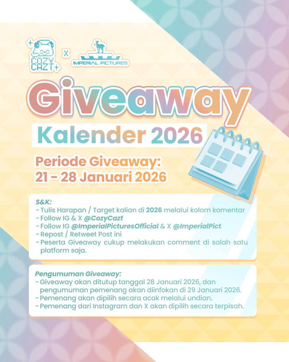 🤍 SPECIAL GIVEAWAY KALENDER 2026 🤍

Hai, hai Cozyfam! 🥰

Kali ini, Cozy Cazt berkolaborasi bareng <a href="/ImperialPict/">Imperial Pictures</a> mau bagi-bagi Kalender untuk kaliann 😍

Mau ikutan?
Yuk tulis target / harapan kalian di 2026 lewat kolom reply &amp; ikutin ketentuan dibawah ya 🤗

#CozyCazt #Vtuber