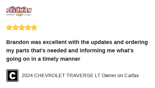 We just received a great review on Carfax. Thank you 2024 CHEVROLET TRAVERSE LT Owner!