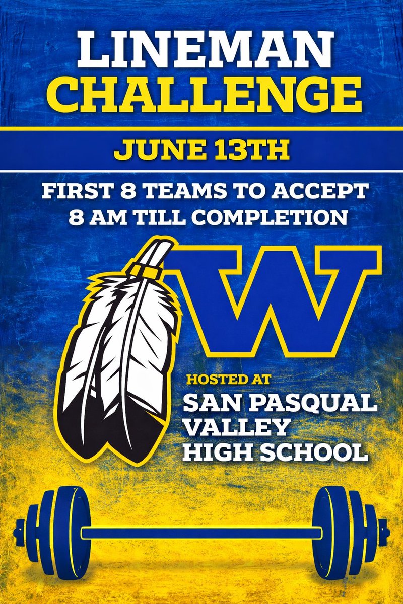 7v7 Tournament and Lineman Challenges.

High School Coaches Get your players and come have a good time this is our third season doing this event. 

Hosted at San Pasqual High School.

No Club teams allowed. 

<a href="/AZSPORTSNETWORK/">azsportsnetwork</a> <a href="/hsfootballfan23/">AZHSFB Fan 🏈🏈</a>