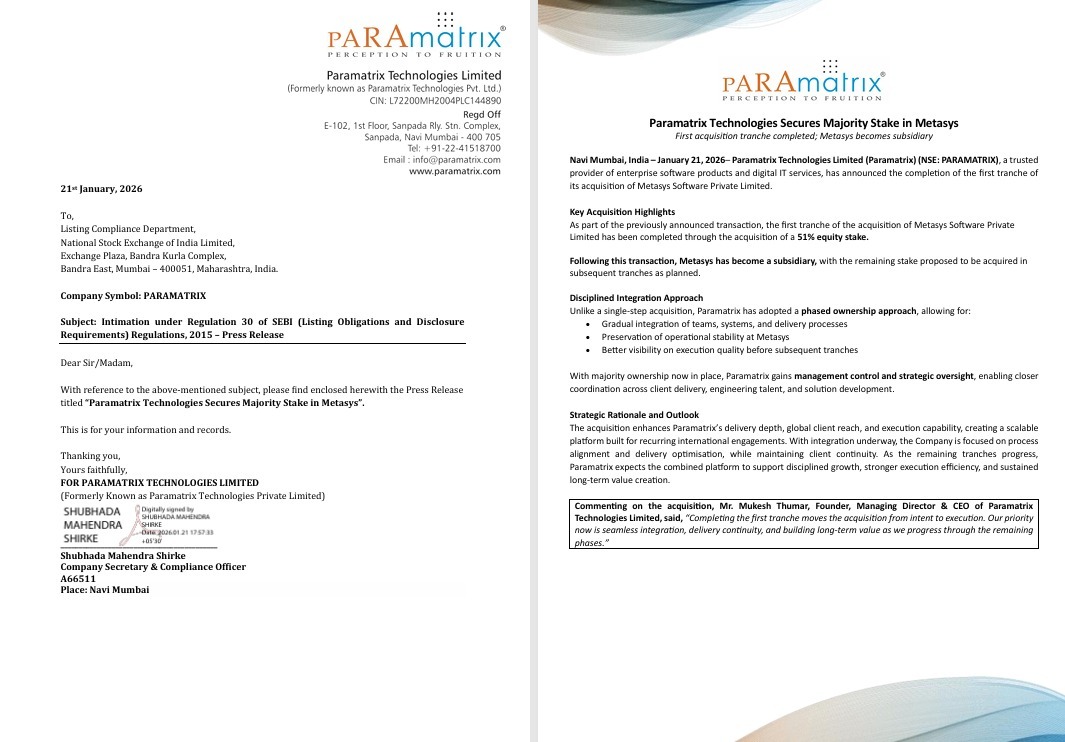 AvinashGoraksha's tweet image. Paramatrix Technologies Limited announced the completion of the first tranche of its acquisition of Metasys Software Pvt. Ltd. by securing a 51% stake, thereby making Metasys a subsidiary.

#ParamatrixTechnologies  #Acquisition