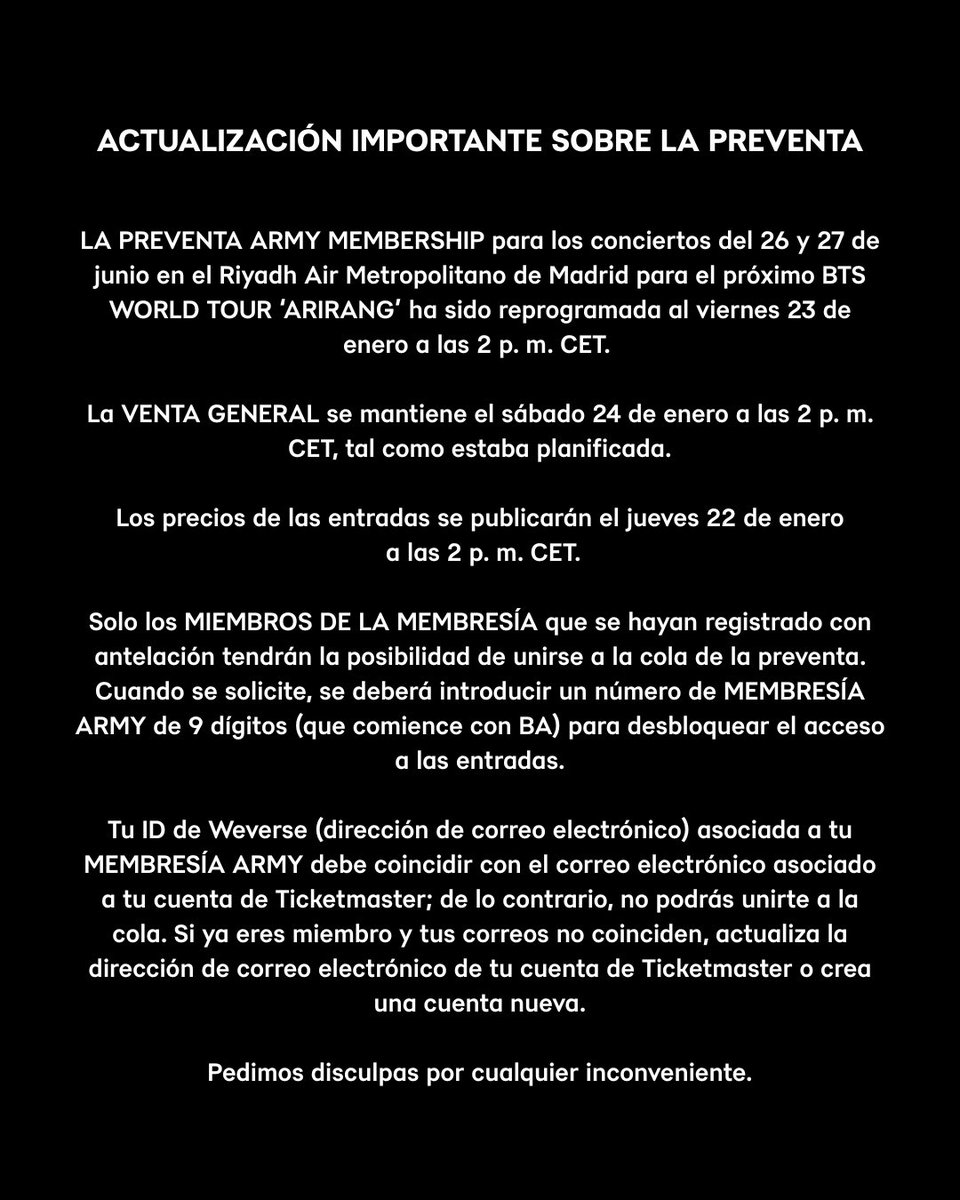 LiveNationES's tweet image. BTS WORLD TOUR ‘ARIRANG' IN MADRID: ACTUALIZACIÓN IMPORTANTE SOBRE LA PREVENTA // IMPORTANT PRESALE UPDATE