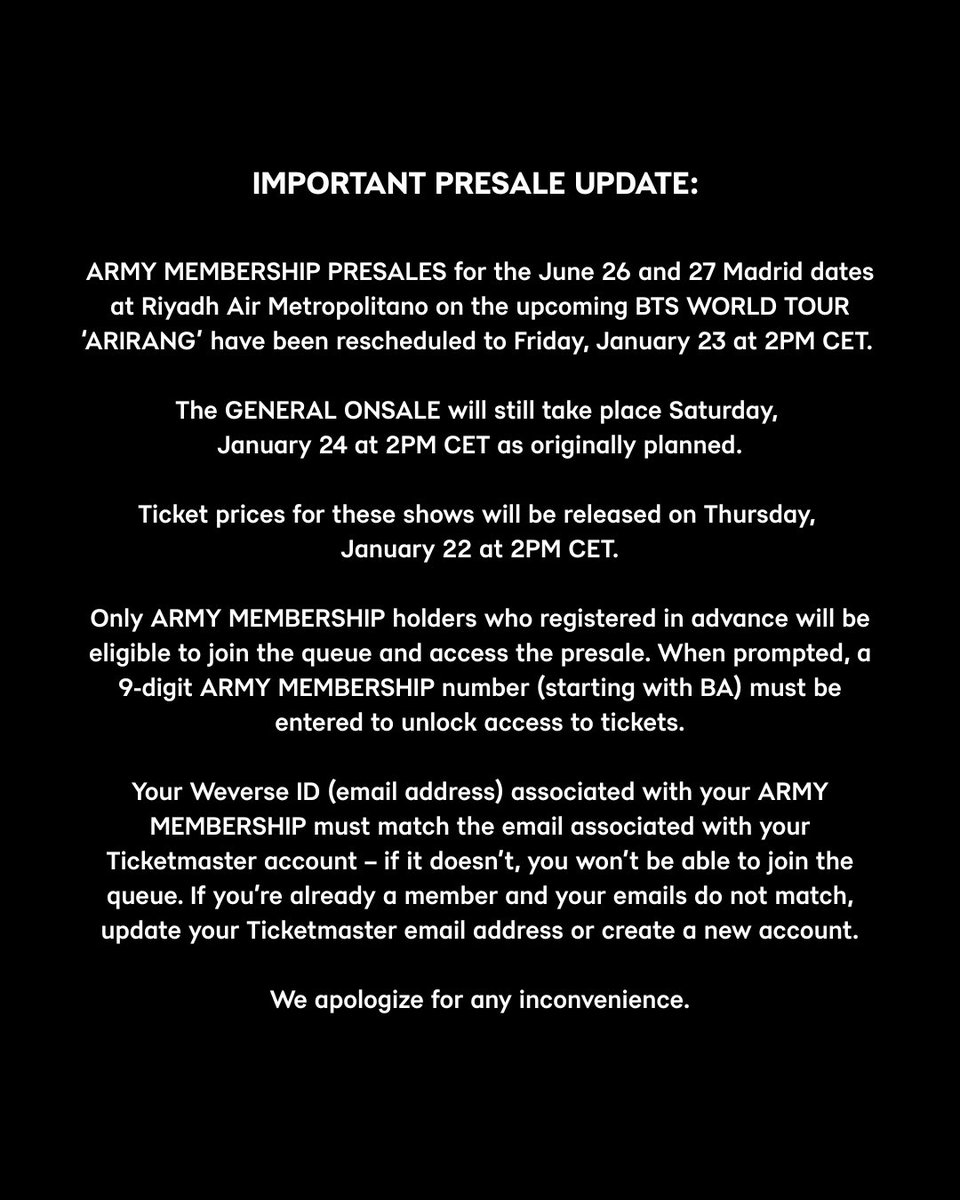 LiveNationES's tweet image. BTS WORLD TOUR ‘ARIRANG' IN MADRID: ACTUALIZACIÓN IMPORTANTE SOBRE LA PREVENTA // IMPORTANT PRESALE UPDATE