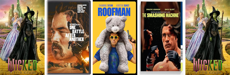 boxlib's tweet photo. This week the Sargent Memorial Library has four new movies.  New items include Wicked and One Battle After Another. https://t.co/gQburGWtfs https://t.co/fHUrfOi7Ht