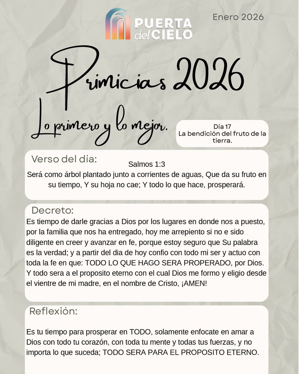 Día 17 de #Primicias2026 🍇
Caminamos bajo la bendición del fruto de la tierra, confiando en que todo lo que hacemos prospera en Dios.