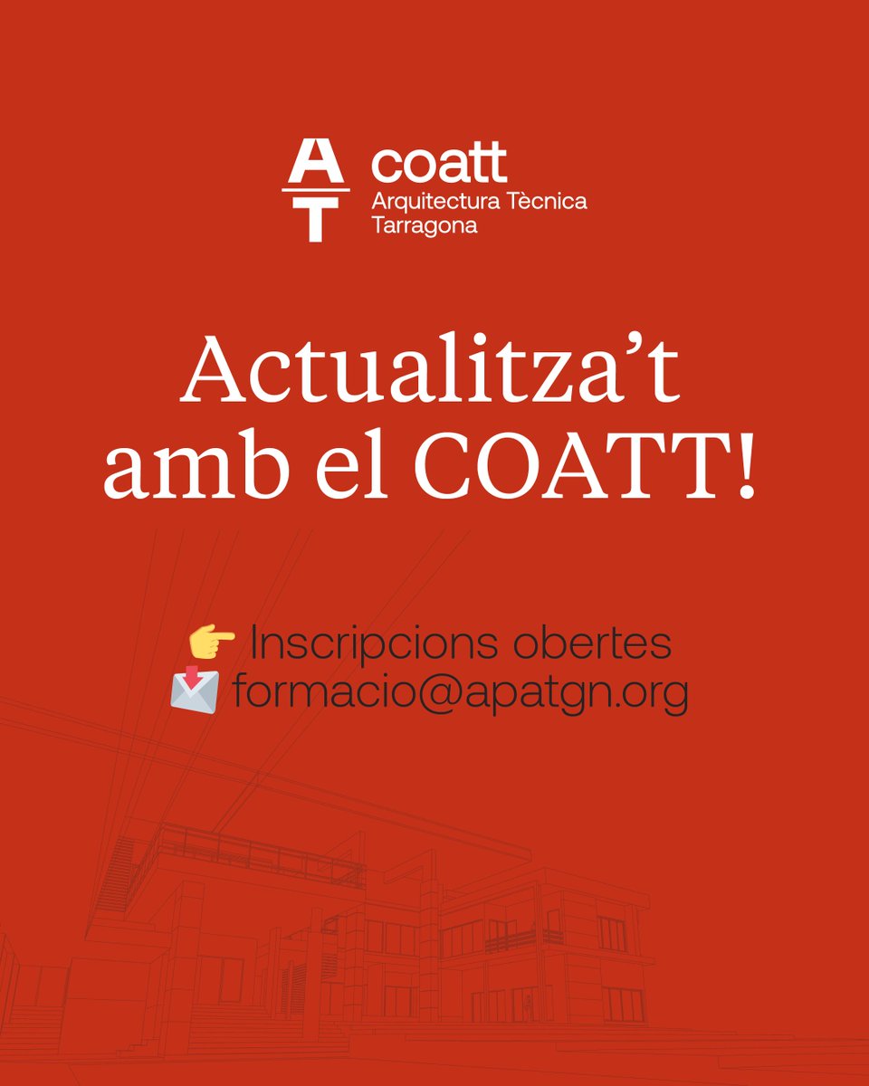 coattarragona's tweet image. I molts més: AutoCAD, energia fotovoltaica, rehabilitació, pressupostos, qualitat, entre d’altres.
👉 Descobreix tota l’oferta formativa i tria el curs que millor s’adapti a tu.

 #COATT #Tarragona