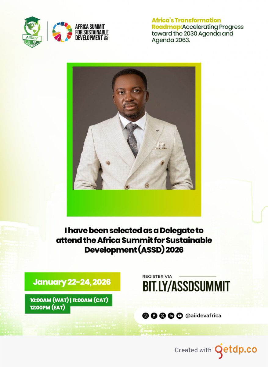 Thrilled to announce I've been selected as a Delegate for the Africa Summit for Sustainable Development (ASSD) 2026. Joining leaders to accelerate progress toward Agenda 2030 &amp; 2063. Jan 22-24. Let's shape a sustainable Africa. Register here forms.gle/o1ygkKe6LJbp8D… #ASSD2026
