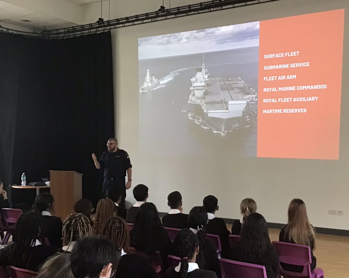 asadunstable's tweet photo. Today our students were privileged to be part of a careers pathway presentation lead by the Royal Navy. The presentation highlighted the breadth of opportunities available in the Royal Navy - the students found it very informative! https://t.co/4F4svNUddV