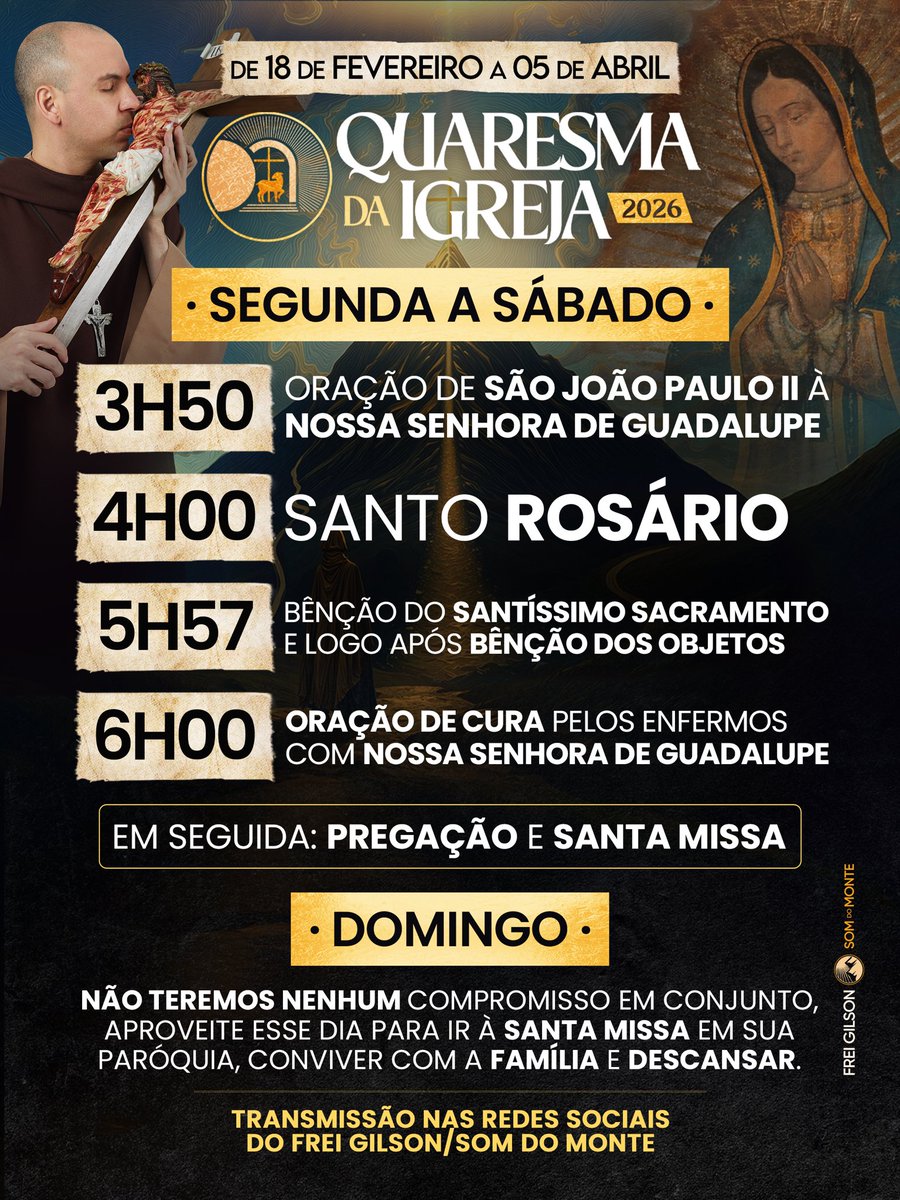 FreiGilsonCMES's tweet photo. Está chegando a Quaresma 2026. De 18/02 a 05/04, faço um convite: rezar conosco o Santo Rosário, de segunda a sábado, às 4h da manhã (horário de Brasília), diante do Santíssimo. Um tempo de conversão e graça. Transmissão aqui no X e nas minhas redes. Você topa esse propósito? https://t.co/t69BmnvdT2