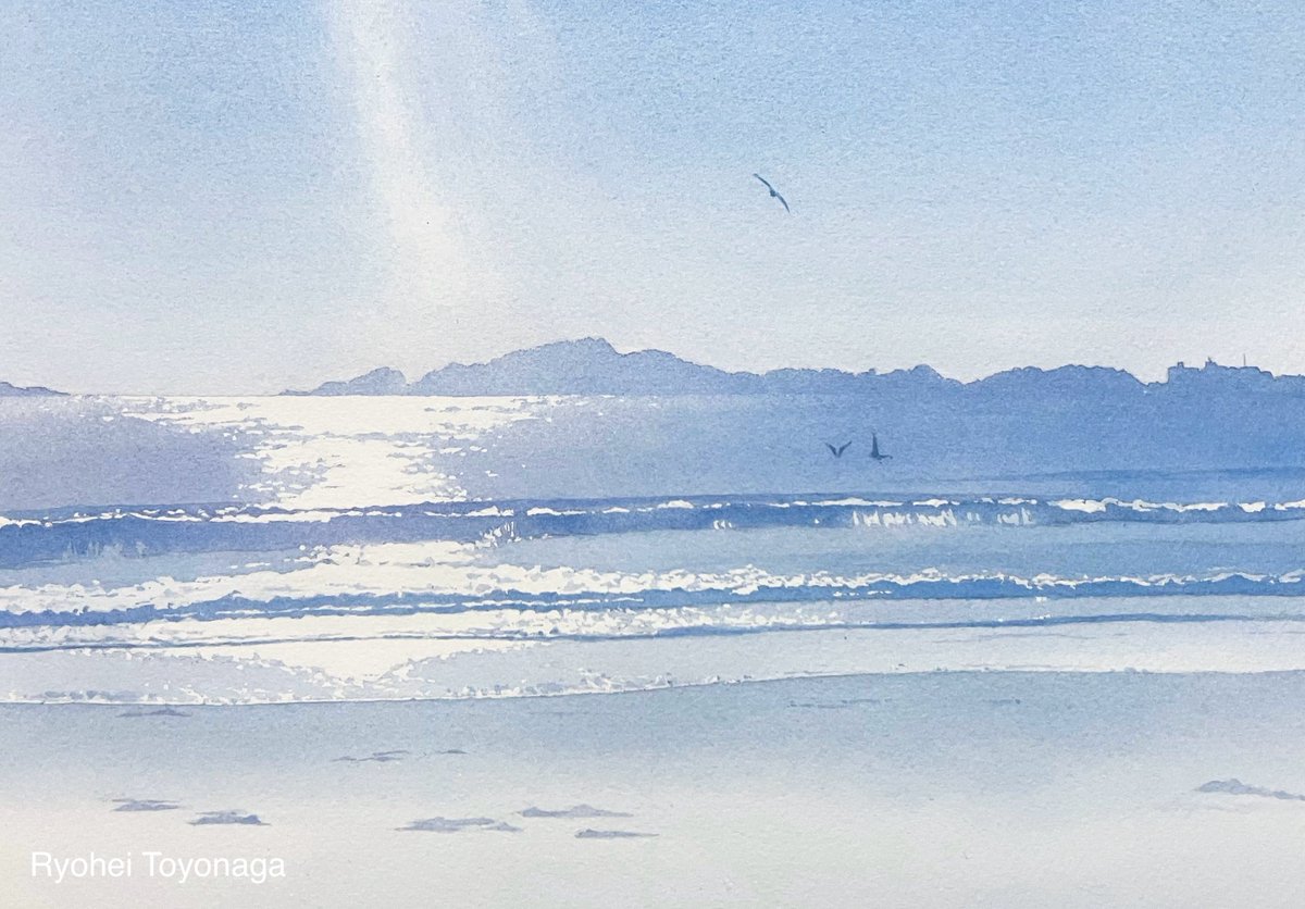 透明水彩で描いた水面の反射。紙の白が光になる表現を探っています。