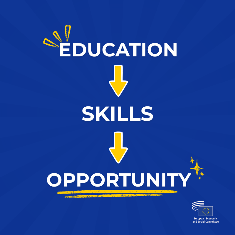 EU_EESC's tweet photo. Education shapes Europe’s future.

On #EducationDay, we call for a bold, inclusive and well-funded Union of Skills initiative for:
✏️ affordable, high-quality education regardless of place of living, gender, age or economic status;
✏️ lifelong learning, upskilling and reskilling.