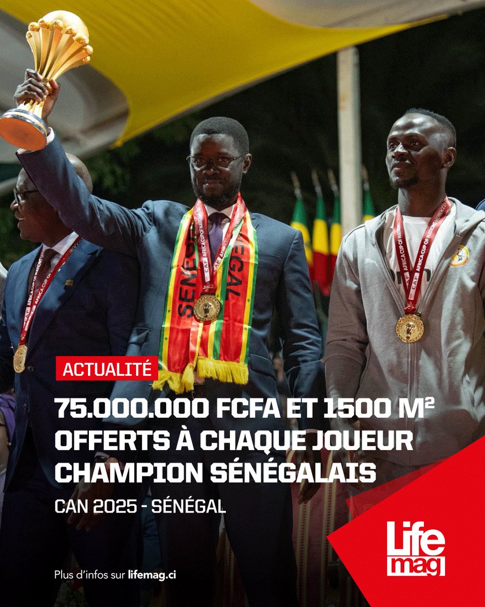 #NEWS 🔴 Chaque joueur de l’équipe nationale du Sénégal🇸🇳 Championne d’Afrique 2025 au Maroc recevra 75.000.000 de FCFA et 1500 m2 sur la Petite-Côte.

#lifemagci #BassirouDiomayeFaye #Senegal