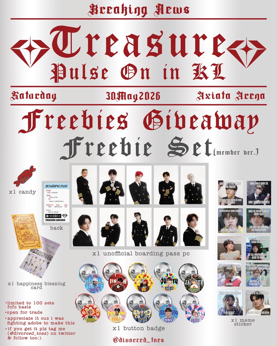 TREASURE PULSE ON IN KL FREEBIES💎
📆30 May 2026
⏰TBA
📍Axiata Arena
💎fcfc
💎open for trade
💎pls tag my goofy ass username <a href="/divorced_toes/">sukkie’s hedgehog</a> if u get it(and follow too if u want)
💎appreciate it cuz I was fighting Adobe to design it
#TREASUREinKL #PULSE_ON_IN_KL