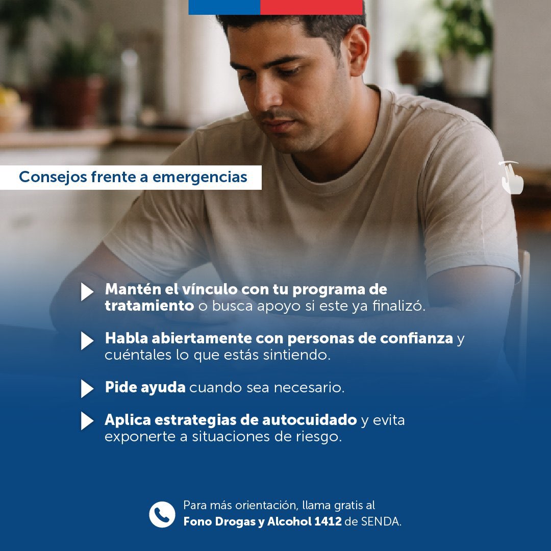 SENDALOSRIOS's tweet image. Si vives en la zona de emergencia y te encuentras en tratamiento por consumo de alcohol y otras drogas, sigue estas recomendaciones para manejar el estrés y/o la ansiedad, y sostener tu proceso de recuperación.

👉 senda.gob.cl/noticia/recome…
