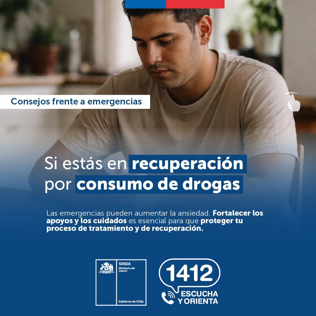 SENDALOSRIOS's tweet image. Si vives en la zona de emergencia y te encuentras en tratamiento por consumo de alcohol y otras drogas, sigue estas recomendaciones para manejar el estrés y/o la ansiedad, y sostener tu proceso de recuperación.

👉 senda.gob.cl/noticia/recome…