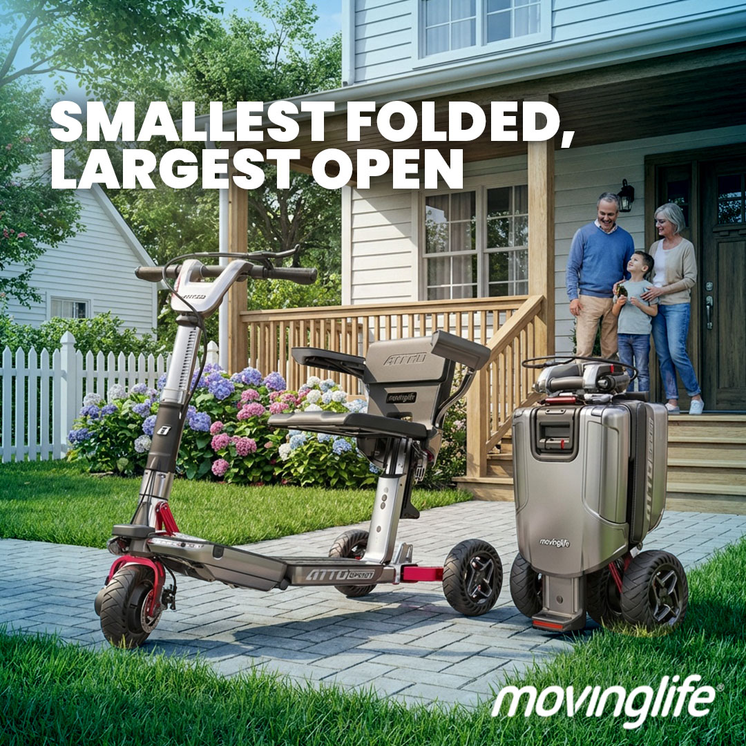 Movinglife_US's tweet photo. The ATTO folds to suitcase size. Wheel it through airports like luggage. 
But when you unfold the ATTO, you get full-size scooter space with generous legroom and comfortable seating. This engineering accomplishment means you never choose between portability and comfort. https://t.co/7HqYXLu4IH