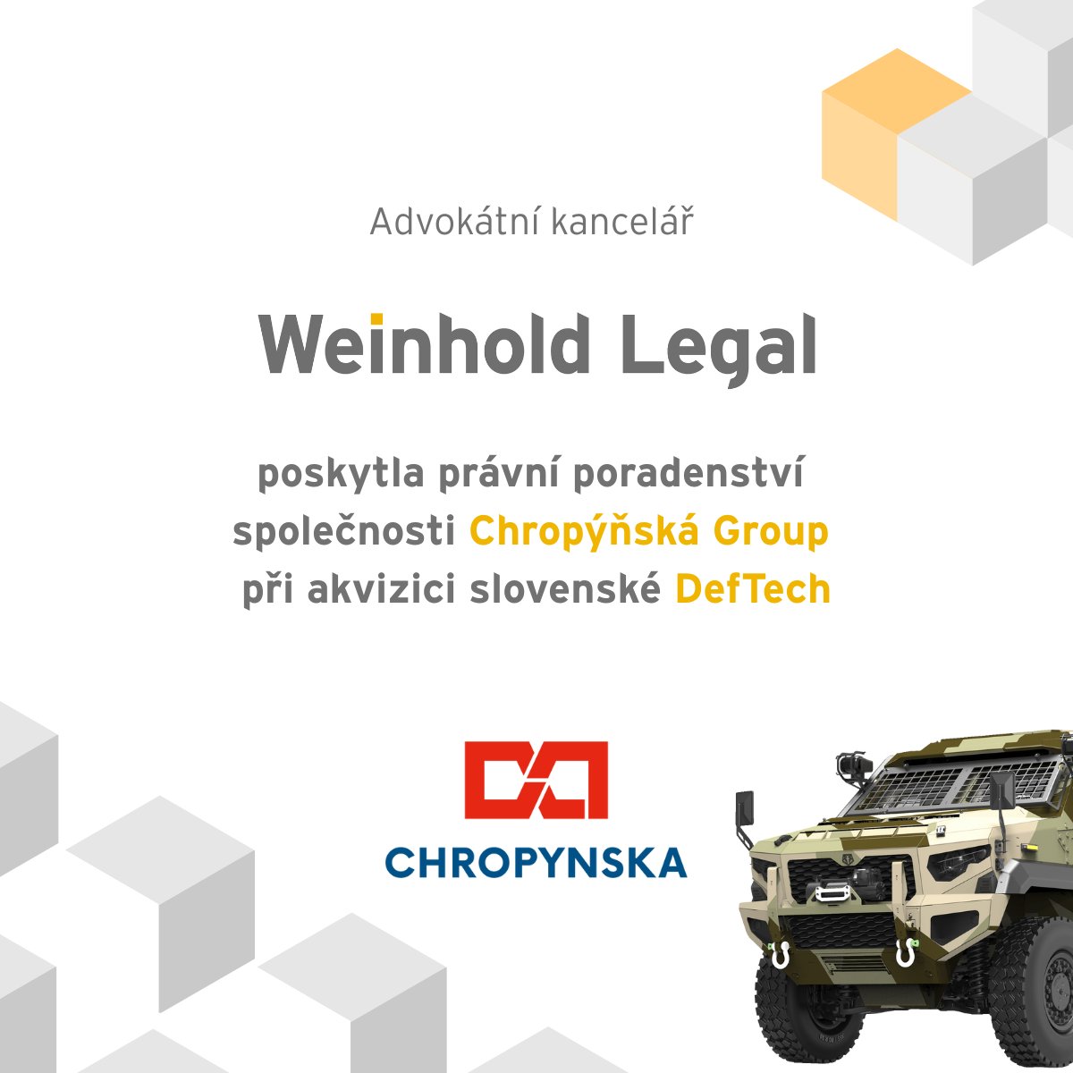 Weinhold_Legal's tweet photo. WL provided legal advice to Chropyňská Group a.s. in connection with the acquisition of the Slovak company DefTech a.s., a manufacturer of military armoured vehicles. #LegalAdvisory #MergersAndAcquisitions https://t.co/Z9Cs22iFwd