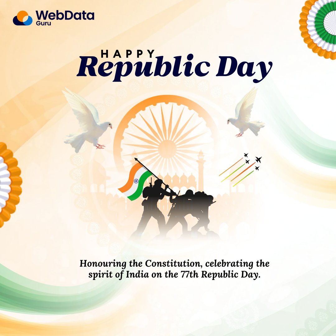 webdataguru's tweet photo. Honoring the Constitution, Celebrating the Spirit of India. 🧡🤍💚
Today marks a milestone: the #77thRepublicDay. Our strength lies in unity and our progress is fueled by shared democratic values. 🇮🇳
Wishing all a day of pride and a year of purpose!
#India #WebDataGuru https://t.co/NQdxtSkaW9