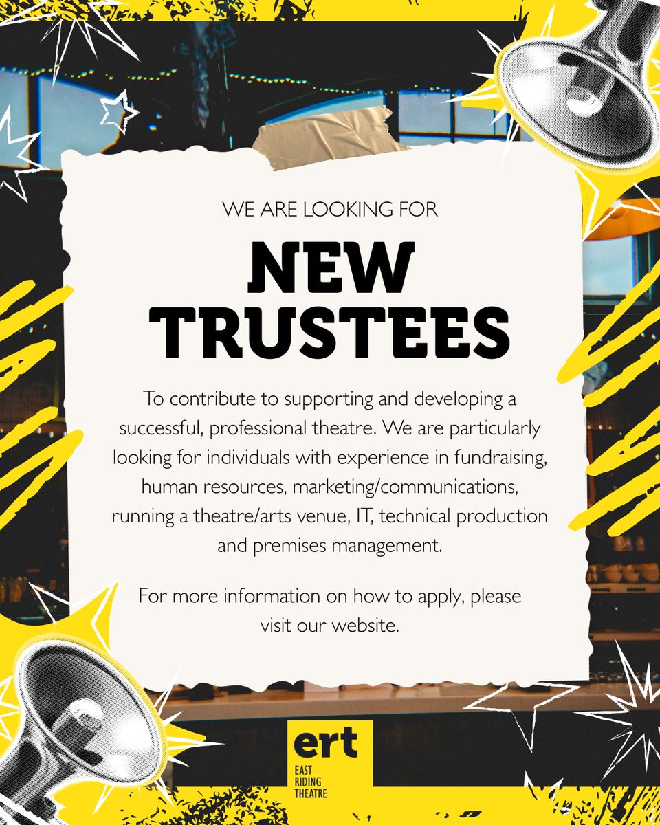 ertheatre's tweet photo. We are recruiting new Trustees🎭

East Riding Theatre are looking for new Trustees to contribute to supporting and developing a successful, professional theatre.

To find out more information please visit our website
https://t.co/XfBDyqzc9B https://t.co/DTZhJdKDhR
