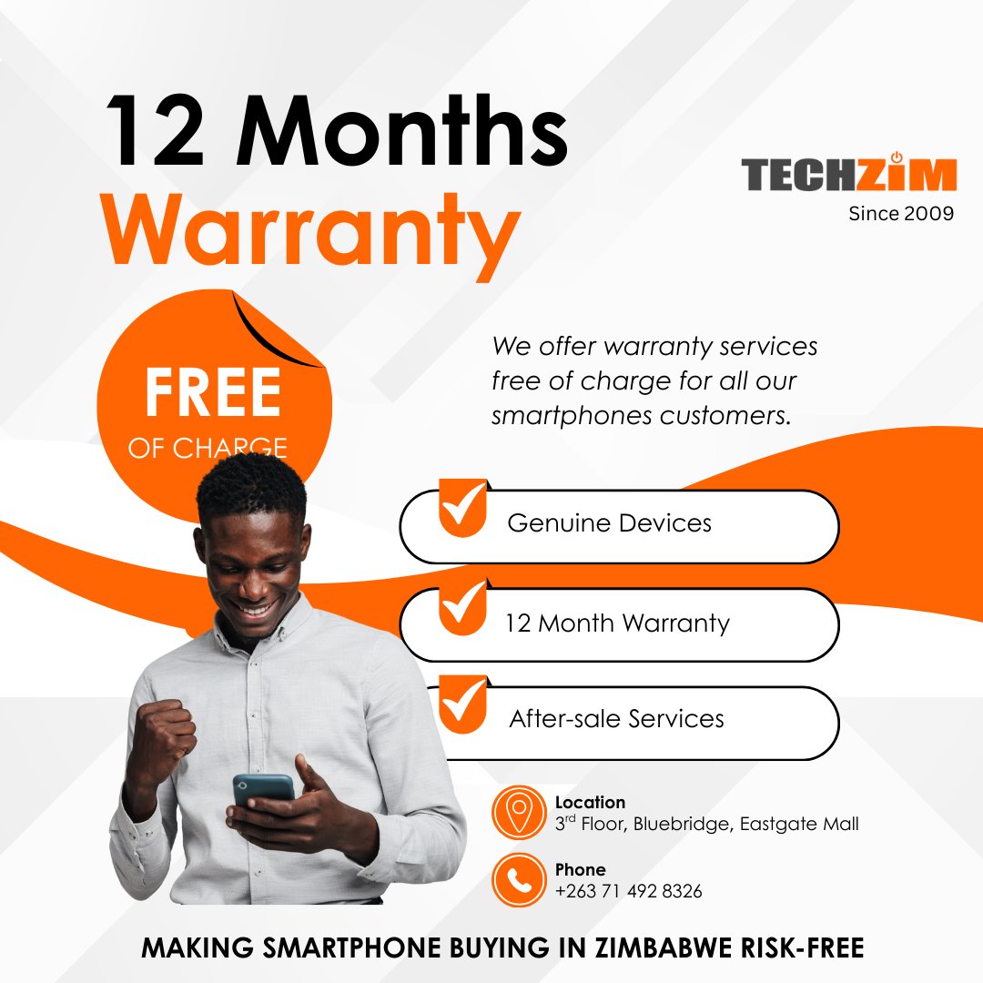 Techzim's tweet photo. We started retailing smartphones at Techzim because we were frustrated with the limited warranty available locally (1 month, 3 months etc..) making buying a smartphone quite risky.

12 and 24 months warranty should be standard. Buying a smartphone must be risk-free!

Catalogue: https://t.co/mJrDoObqbn