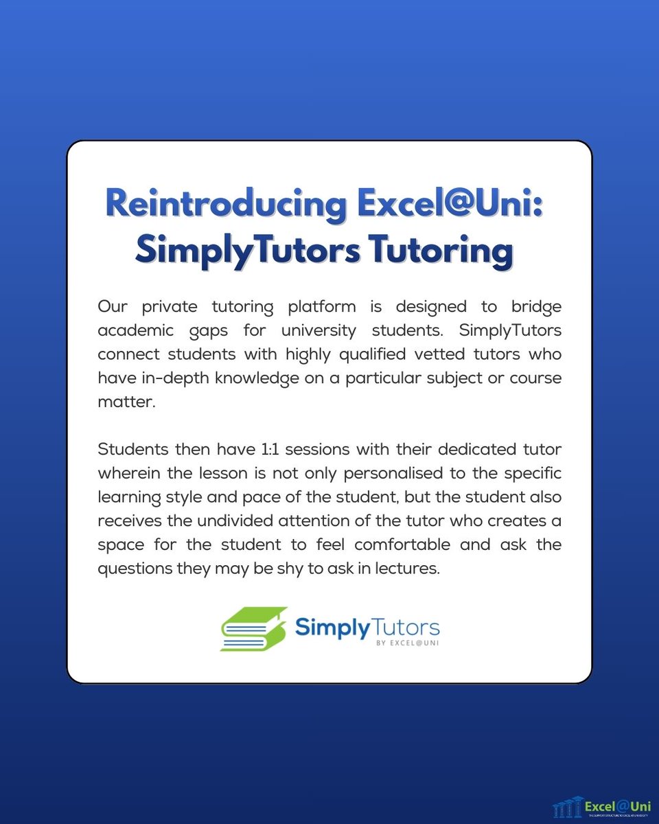 ExcelAtUni's tweet image. Tutoring gives students the personalised support they need to strengthen their understanding, build confidence, and close gaps in their knowledge 🎓 📚 

Reach out to us at hello@excelatuni.com to learn more about our tutoring services.

#Tutoring #SimplyTutors #excelatuni