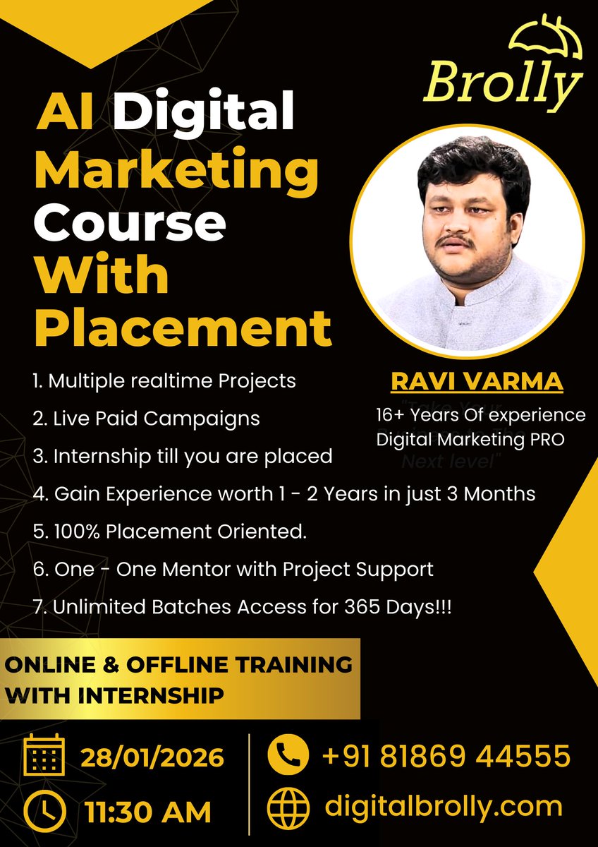DigitalBrolly's tweet photo. Ready to upgrade your career with AI Digital Marketing? 🚀
Join our FREE AI Digital Marketing Demo
🗓 28 Jan 2026 | ⏰ 11:30 AM
📍 Near JNTU, Hyderabad
📞 8186944555
🌐 https://t.co/9NZHpoREFq
#AIDigitalMarketing #DigitalMarketingDemo #DigitalBrolly #Hyderabad https://t.co/bQtfFxI0zD