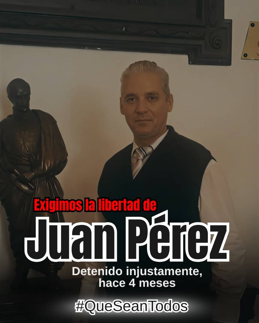 Juan Enrique Pérez, Coordinador Electoral de Vente Trujillo, lleva 4 meses injustamente detenido en Caracas.

Su detención arbitraria viola los DDHH. Querer una Venezuela libre no es delito.

Exigimos su liberación y la de todos los presos políticos.

#QueSeanTodos
<a href="/VenteDDHH/">DDHH Vente Venezuela</a>
