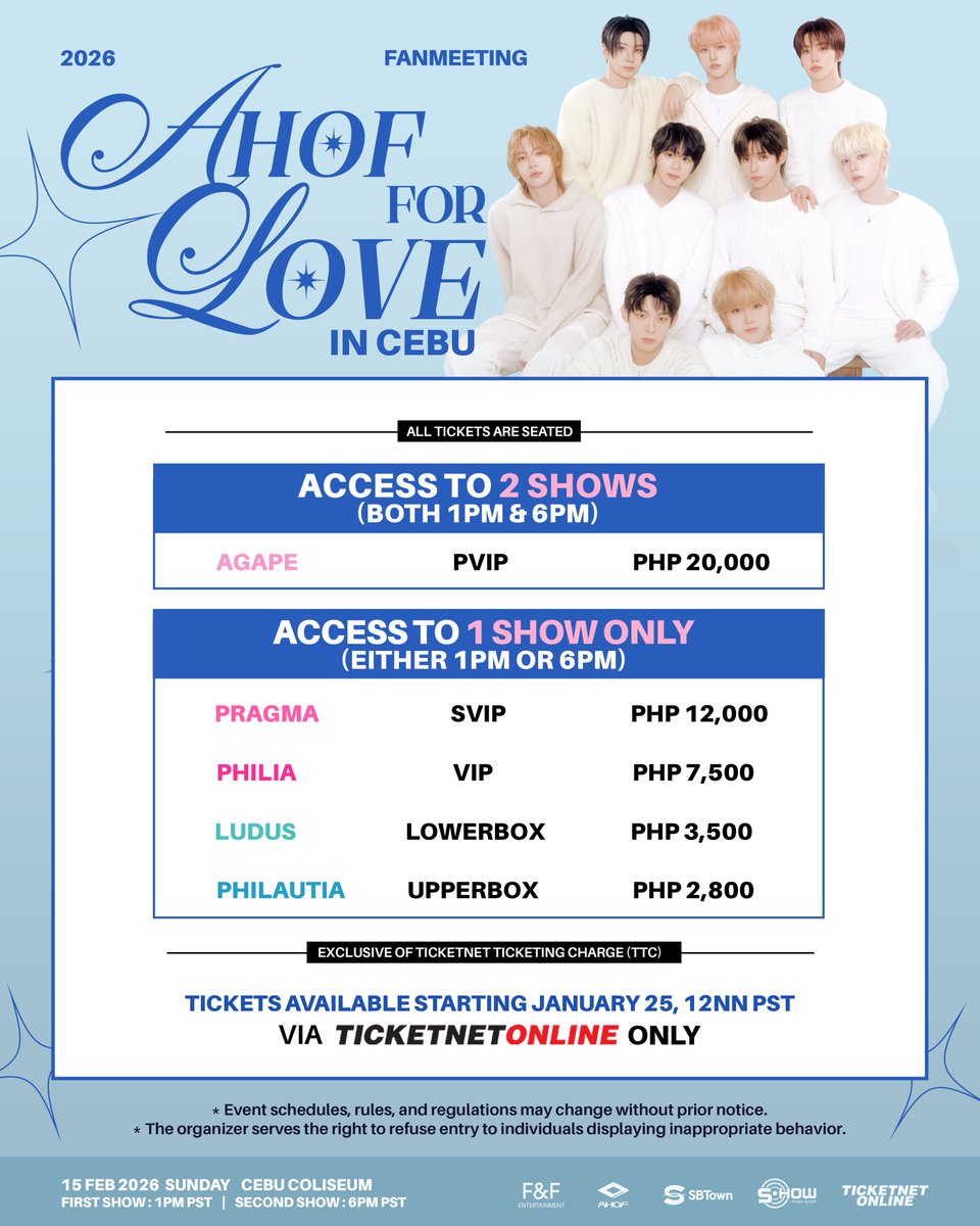 officialsbtown's tweet image. Hi dear FOHAs! 👋🏼

Here's further clarification regarding the tiers presented to everyone for 2026 Fan Meeting : AHOF for LOVE in Cebu

AGAPE, or the PVIP tier, has access to BOTH 1PM and 6PM (2 shows).