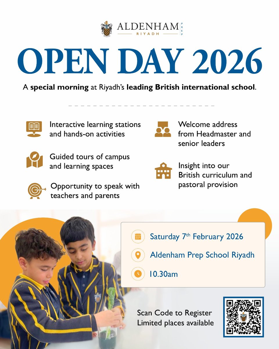 We are delighted to invite families to our Open Day 2026 at Aldenham Prep School Riyadh. If you know a family considering schools in Riyadh, we would be delighted if you shared this invitation.
🔗 Register here: forms.cloud.microsoft/r/zHdEWqcPEx

#OpenDay2026 #AldenhamPrepSchoolRiyadh