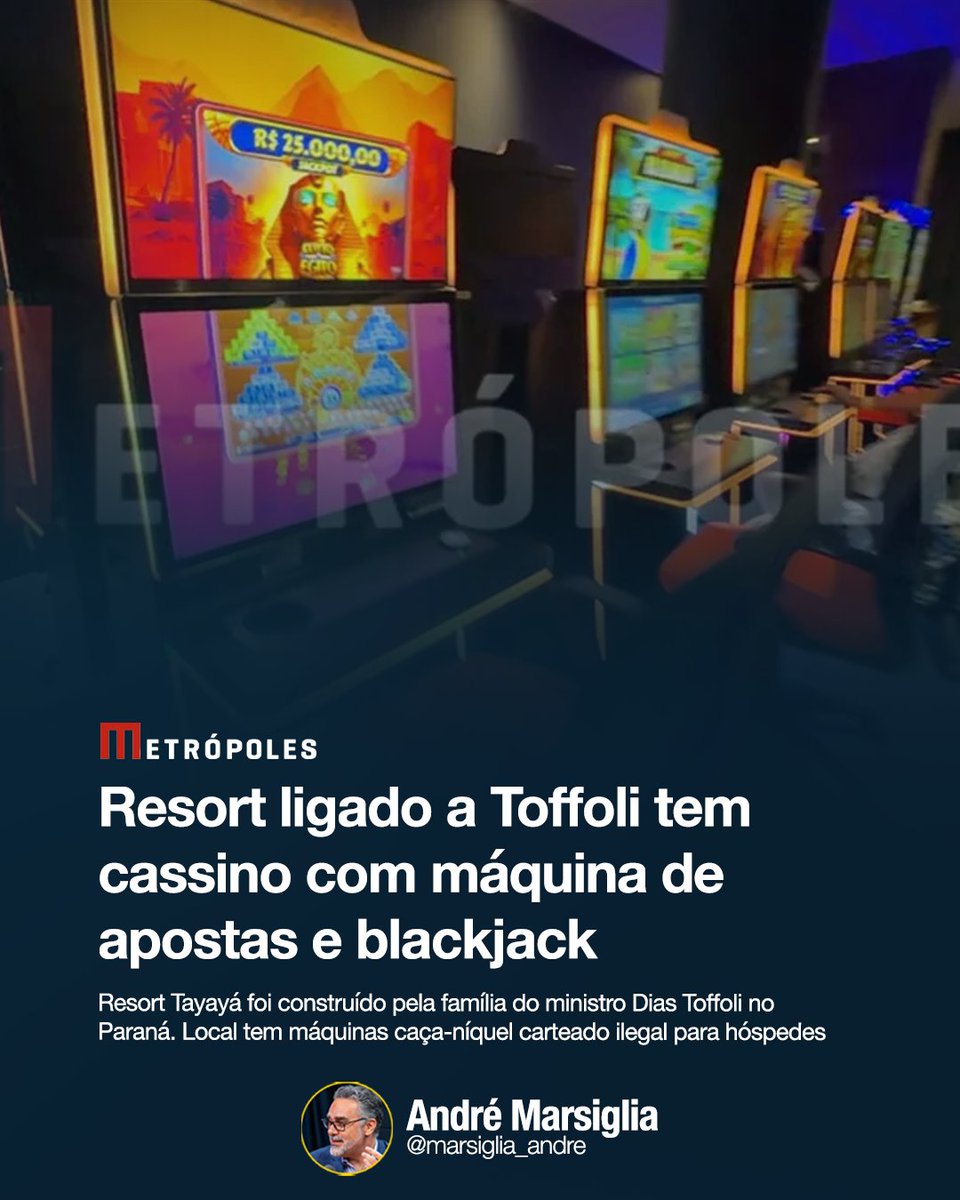 marsiglia_andre's tweet image. O Resort Tayayá, erguido em Ribeirão Claro (PR) pela família do ministro Dias Toffoli, do Supremo Tribunal Federal (STF), abriga um cassino. O estabelecimento está no centro de um escândalo que lançou desconfiança sobre a atuação de Toffoli no caso do Banco Master.

O cassino tem…