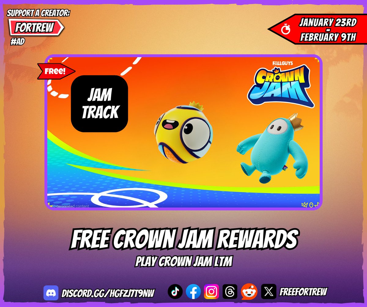 Free Crown Jam Rewards

Play Crown Jam LTM.

🏆 Rewards:
• "Less Fallin’ More Ballin’" Jam Track
• "Crown Ball" Back Bling
• "Blue Plush Bean" Back Bling

📅 Available from January 23rd until February 9th.