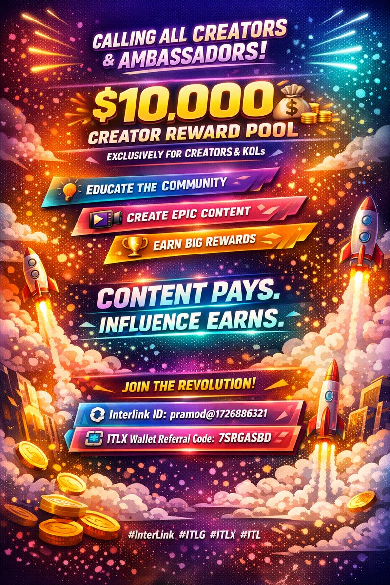 pramodkumar369C's tweet photo. 🚀Calling Creators&amp;Ambassadors!
💰$10,000 Creator Reward Pool
Powered by Interlink × Rango
Create. Educate. Influence.
💎Content that creates impact gets rewarded.
🔹Interlink ID: pramod@1726886321
🔹ITLX Wallet Code: 7SRGASBD
Create bold. Earn big. 🚀
#InterLink #ITLG #ITLX #ITL https://t.co/VA99BbMQyv