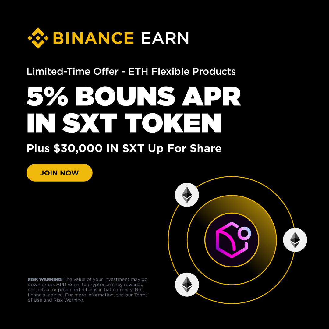 Put your ETH to work 💪

Get 5% Bonus APR + a share of $30,000 in <a href="/spaceandtime/">Space and Time</a> SXT with ETH Flexible Products on Binance Earn.

More info 👉 binance.com/en/support/ann…
