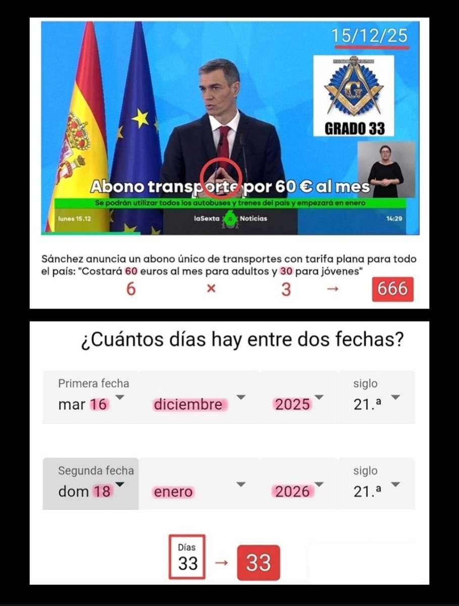 LibreSancho's tweet photo. @la5acolumna desde anuncio abono 60€ de pedro sanchez atentado 18E justo 33 dias
y alguno todavia no se entgera pensado que esto con simples casualidades?¿pero que mas tiene que pasar en sus vidas para que despierten?¿ como grmason33 #hibridos #factorE #adamuz #cabala #masoneria #falsefalg https://t.co/fKSHB1gJOk