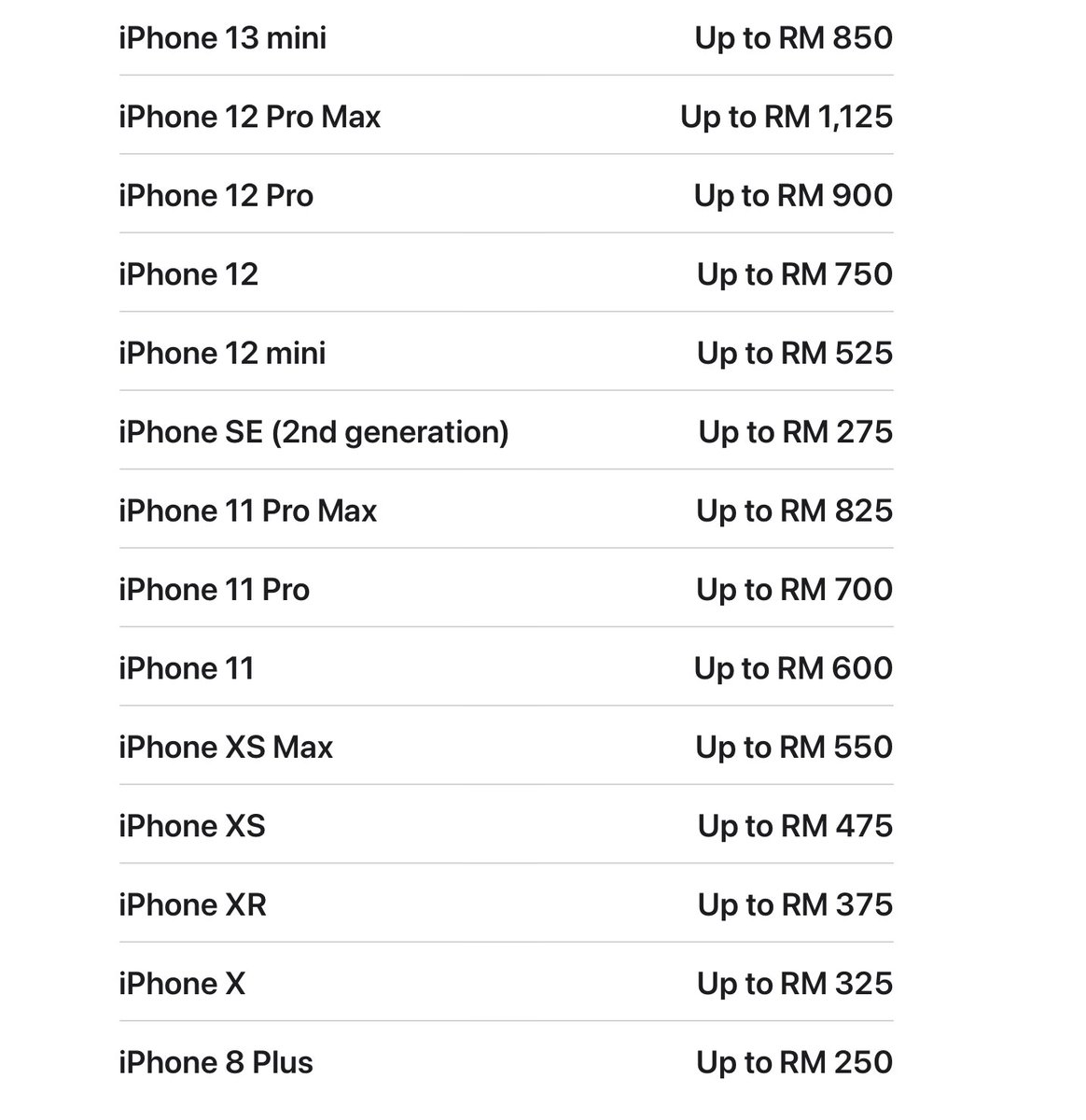 XavierNaxa's tweet photo. Apple selaras kembali harga tukar beli (trade in) iPhone bagi tahun 2026.

Perlu diingatkan, ini merupakan harga maksimum bagi setiap model. Peranti anda tidak semestinya akan memperoleh harga tersebut, bergantung kepada kondisi, fungsi dan lain-lain. https://t.co/rGQVRaM2WL