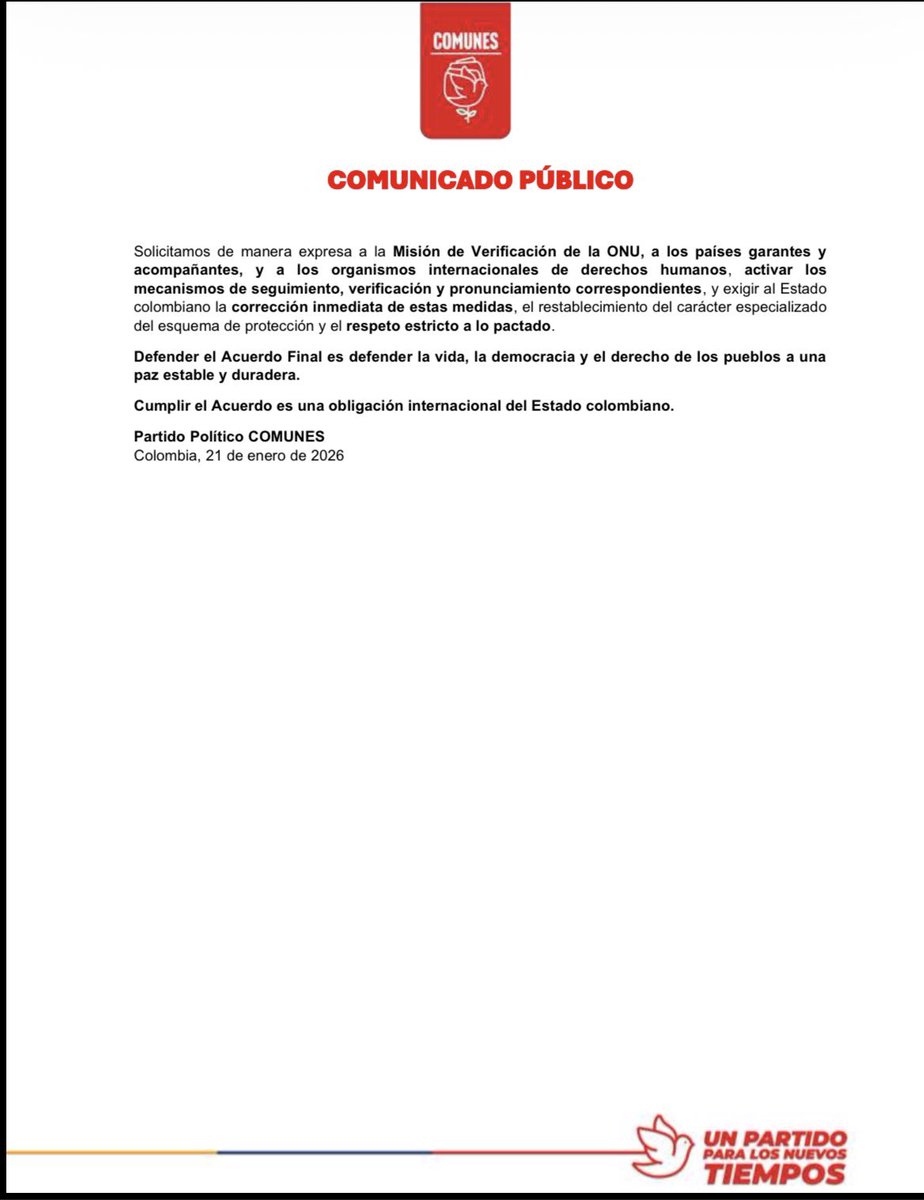 ComunesCoL's tweet photo. #COMUNICADO 🚨
Alertamos a la comunidad internacional sobre graves retrocesos en la implementación del Acuerdo de Paz, que ponen en riesgo la vida y seguridad de quienes firmaron la paz.

Exigimos respeto a lo pactado y garantías reales. Cumplir el Acuerdo es una obligación del Estado.