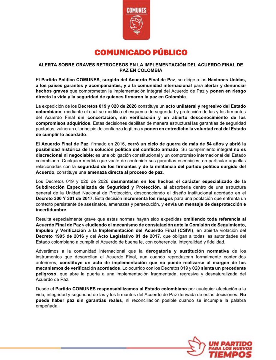 ComunesCoL's tweet photo. #COMUNICADO 🚨
Alertamos a la comunidad internacional sobre graves retrocesos en la implementación del Acuerdo de Paz, que ponen en riesgo la vida y seguridad de quienes firmaron la paz.

Exigimos respeto a lo pactado y garantías reales. Cumplir el Acuerdo es una obligación del Estado.