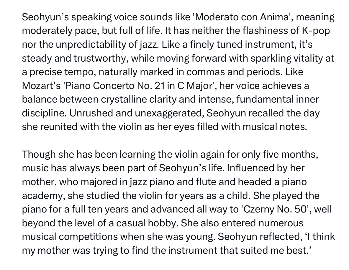 SeohyunPoint's tweet photo. This journalist's description of Seohyun's speaking voice as the concept of "Moderato con Anima" is so poetic and beautiful.

We also learn new information about her lifelong connection with music. "As she recalled reuniting with violin, her eyes filled with musical notes" 🎼 https://t.co/8H3ePOgFGO