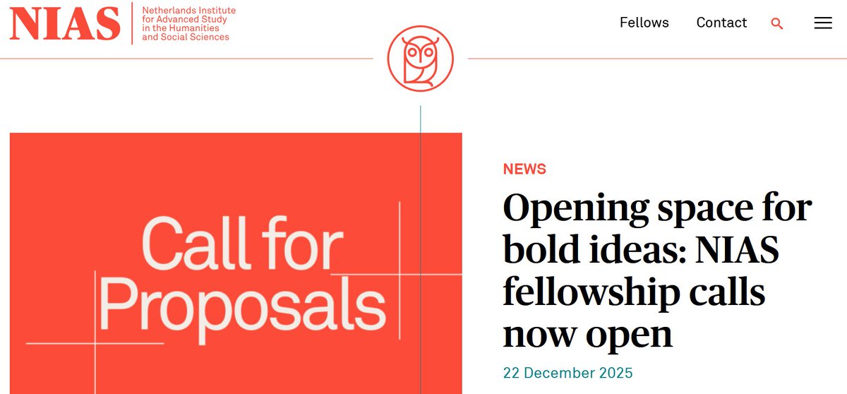 The Netherlands Institute for Advanced Study (NIAS) offers a wealth of  fellowships: nias.knaw.nl/news/submit-yo….  Deadline to apply: 16 March 2026. #urban #sociology